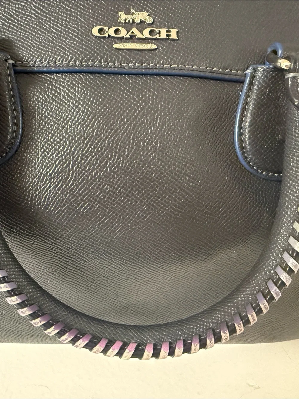 Coach Navy Pebbled Leather Satchel with whipstitch Top Handles!